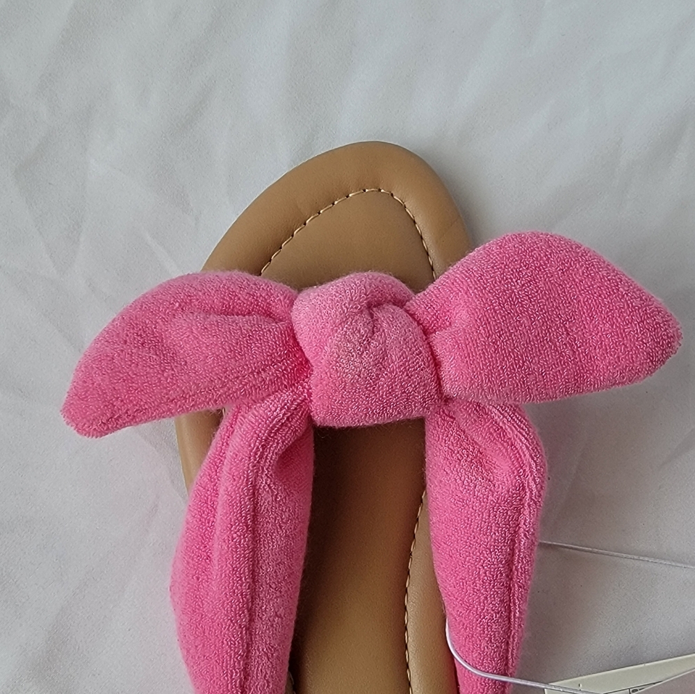 Shade & Shore Tulip Pink Fuzzy Bow Terry Cloth Slide Flip Flop Sandals - Picture 2 of 11